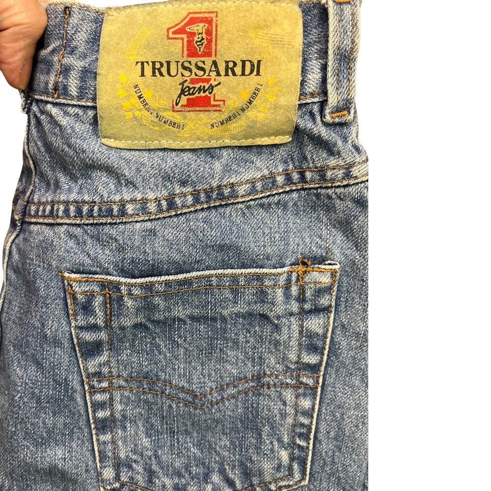 Trussardi Jeans Denim Mini Skirt Embroidered Logo Italy Vintage Size 26 90's Y2K - Picture 7 of 7